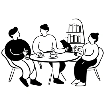 A small group of three individuals seated around a cozy coffee table, each holding an open Bible. One person is gesturing towards a passage, while another is leaning forward, engaged in the discussion. A steaming cup of coffee sits on the table, alongside a plate of cookies. The setting has a warm and inviting atmosphere, with soft lighting illuminating the space. A bookshelf filled with various books is visible in the background.