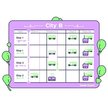 A visual schedule for intercity bus services presented on a large display board. The board is divided into sections, each labeled with a city name such as "City A" and "City B." Beneath each city, there are rows listing multiple departure times in a clear format. Each row includes corresponding stops such as "Stop 1," "Stop 2," and "Stop 3," arranged vertically. The schedule is organized neatly, with clear lines separating each time and stop. Icons representing buses are placed next to each schedule entry, and there is an arrow indicating direction of travel. The entire display is framed with a green border and a purple header.