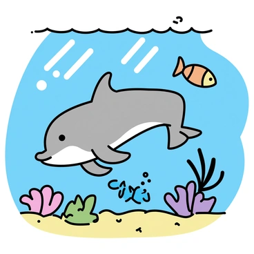 A friendly dolphin is swimming gracefully in clear blue water. The dolphin has a smooth, light grey body and a playful expression as it interacts with vibrant, colorful fish around it. The fish display a variety of patterns and colors, including bright orange, blue, and yellow hues. In the background, there are intricate coral reefs with diverse shapes, showcasing shades of pink, purple, and green. Sunlight filters through the water's surface, casting shimmering reflections on the sandy ocean floor below.