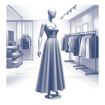 An elegant dress made of a luxurious textured fabric, illustrated on a mannequin in a chic boutique.