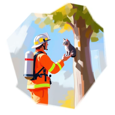 A firefighter in a bright red uniform is climbing a tall tree to rescue a stranded kitten. The firefighter is wearing a helmet and has a determined expression on their face. The tree is lush with green leaves, and the kitten, a small gray tabby with big eyes, is perched nervously on a high branch. The scene captures the moment as the firefighter reaches out their hand towards the kitten, who appears anxious yet hopeful. The background features a clear blue sky and a few fluffy clouds.