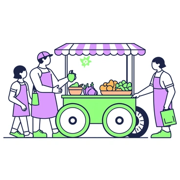A street vendor is standing beside a cart filled with an array of fruits and vegetables. The cart is wooden with two large wheels and a canopy overhead. The vendor, wearing a cap and an apron, is holding out a green bell pepper in his right hand while smiling at a customer. The cart showcases a variety of produce including bright oranges, green cucumbers, and shiny purple eggplants, all neatly arranged in baskets. In the background, there are a few pedestrians walking by, adding to the bustling atmosphere of the street.
