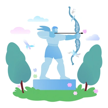 A grand statue of a legendary archer in a public park, with birds perched on the bow