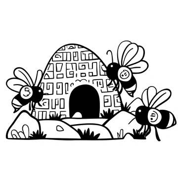 An ancient stone bee hive nestled in a rocky terrain, covered in intricate hieroglyphs carved into its surface. The hive has a textured, weathered appearance, showcasing the effects of time. Surrounding the hive, several large, stylized bees are depicted, each with elaborate patterns on their bodies, representing ancient designs. The entire scene is set against the backdrop of craggy stones and sparse vegetation, emphasizing the hive's age and historical significance.