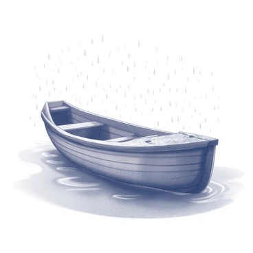 An old wooden boat is resting in a still body of water. The surface of the water is disturbed by numerous raindrops creating ripples that radiate outward. The boat's weathered paint is peeling, and it has a rustic appearance, showing signs of age and wear. Surrounding the boat, the gentle patter of rain creates a soft sound, while droplets collect on the edges of the boat and slide down into the water below. The atmosphere is filled with the visual of rain falling consistently, adding a textured layer to the scene.