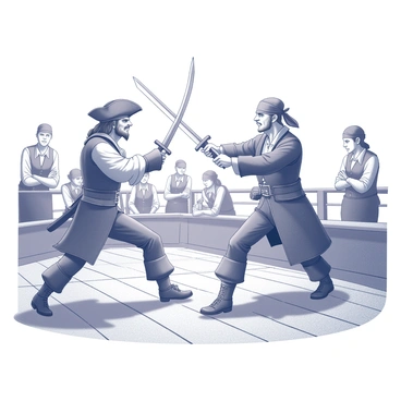 Two pirates are engaged in a classic sword duel on the deck of a ship. The first pirate, wearing a weathered tricorn hat, wields a cutlass with a fierce expression. The second pirate, with a bandana tied around their head, counters with a sabre, both demonstrating skilled swordplay. Surrounding them, several crew members watch intently, some with arms crossed, while others lean over the ship's railing. The wooden deck of the ship creaks beneath their feet, and ropes and sails can be seen in the background, adding to the nautical atmosphere. The scene captures the tension and excitement of the duel.
