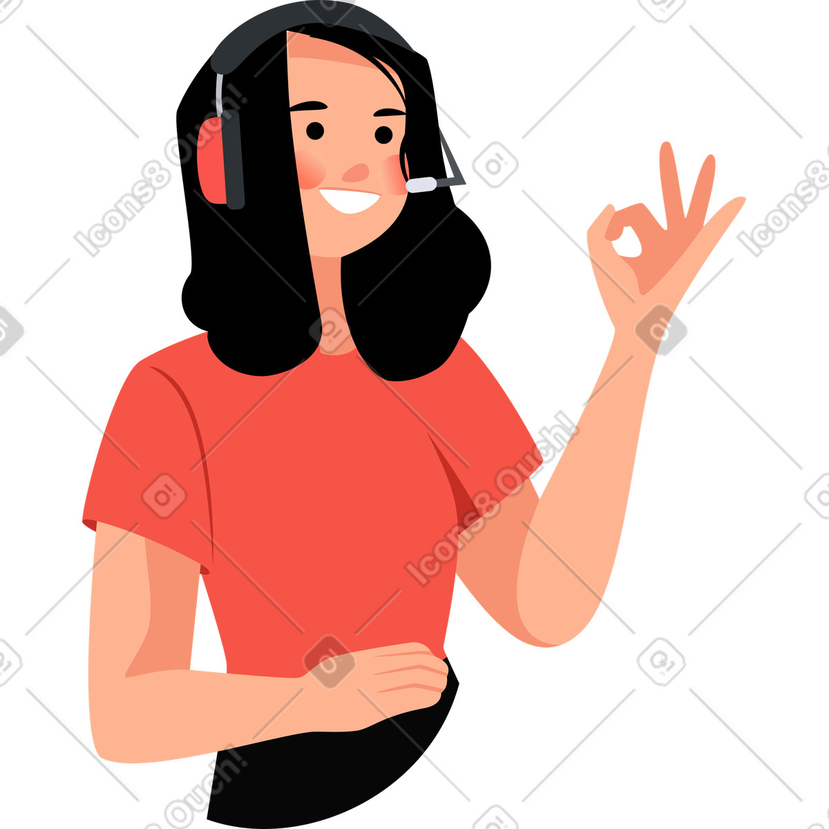 La ragazza in cuffia con un microfono mostra ok illustrazione stile Lagom scarica PNG, SVG
