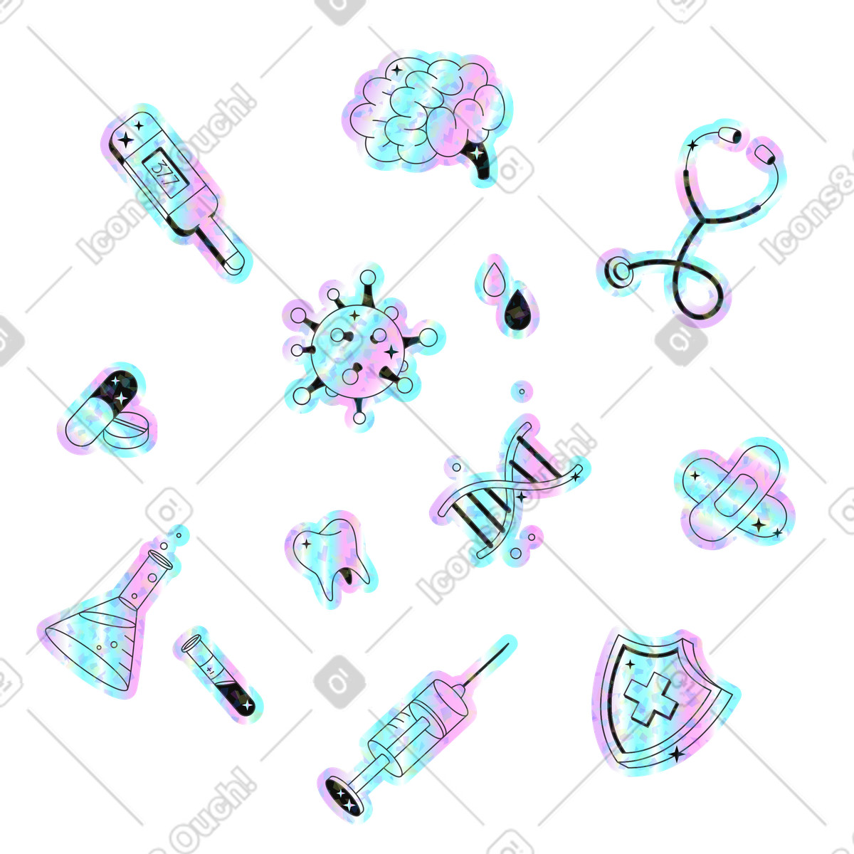 Holostickers 스타일의 의료용 스티커팩 일러스트레이션 PNG, SVG 다운로드