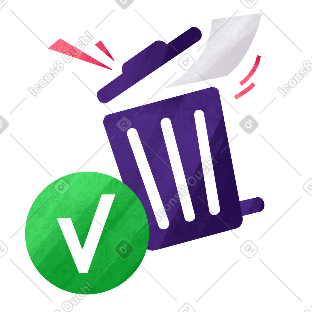 Sheet of paper goes in the trash and next to it is a sign confirming removal illustration Bonbon style download PNG, SVG