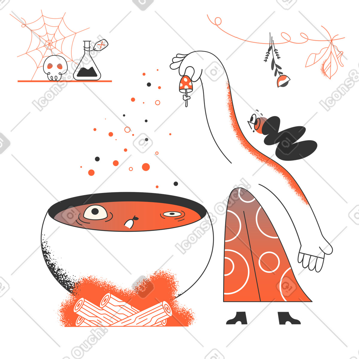 Witch cooking a potion in cauldron illustration in PNG, SVG
