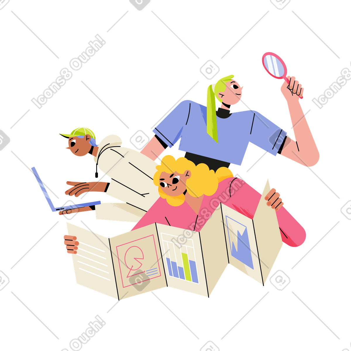 Team working together on project animated illustration in Juicy style download in GIF, Lottie (JSON), AE