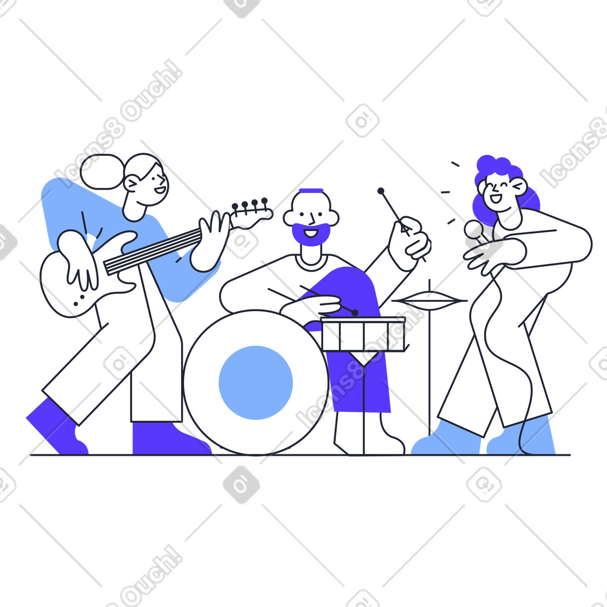 Ilustración Banda de música con guitarrista, baterista y cantante. en estilo Pablita a descargar en PNG SVG
