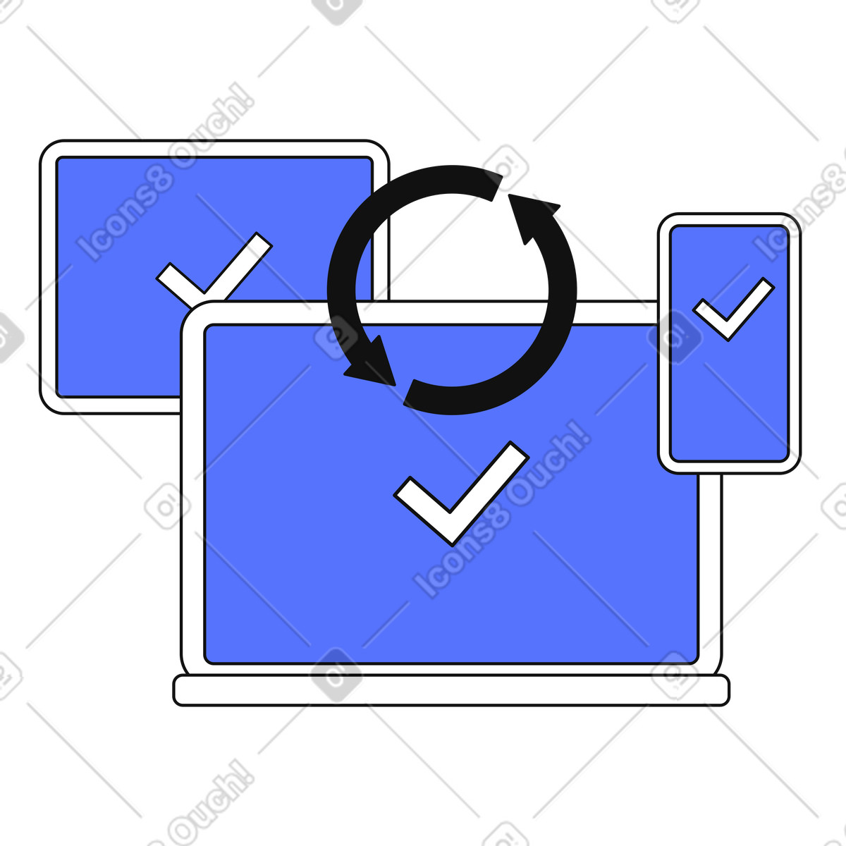 Иллюстрация Synchronization across devices showing completed tasks on laptop tablet and smartphone в стиле Main — скачать в форматах PNG, SVG