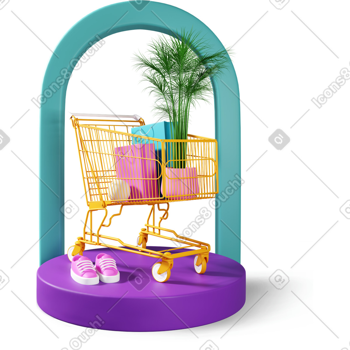 Composizione dello shopping di carrello, pianta, borse e scarpe illustrazione in stile 3D Plastic people scarica in PNG, SVG