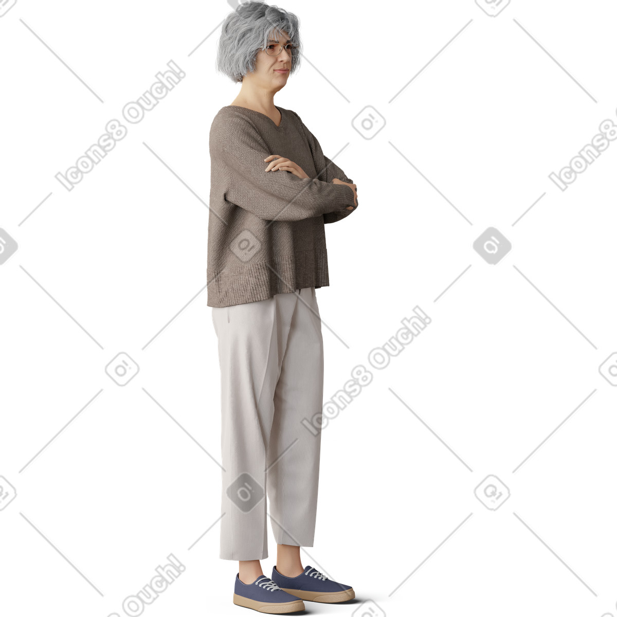 Ilustración Anciana de pie con los brazos cruzados en estilo 3D Hygge a descargar en PNG y SVG