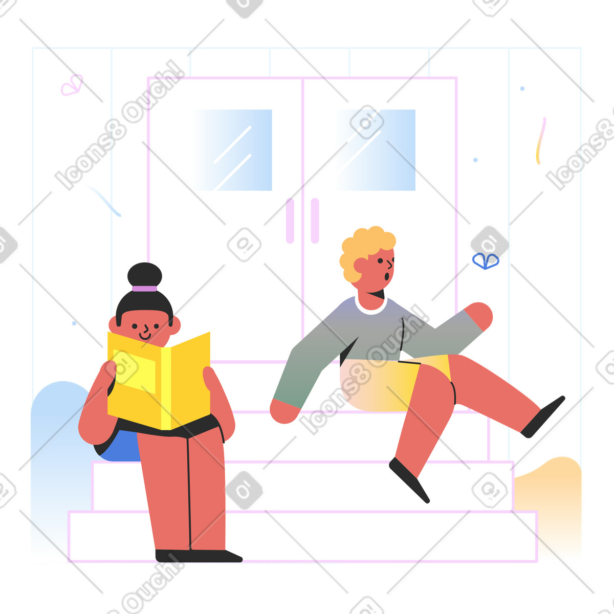 Ilustración Niños sentados en las escaleras de la escuela estilo Marginalia a descargar PNG y SVG