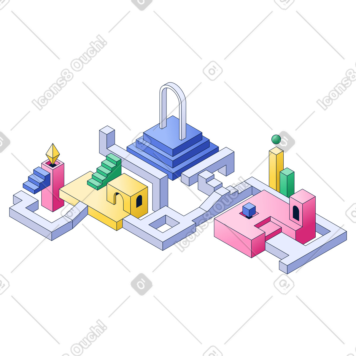Geometric labyrinth with paths and stairs, journey mapping workflow planning illustration in Neat style download in PNG, SVG