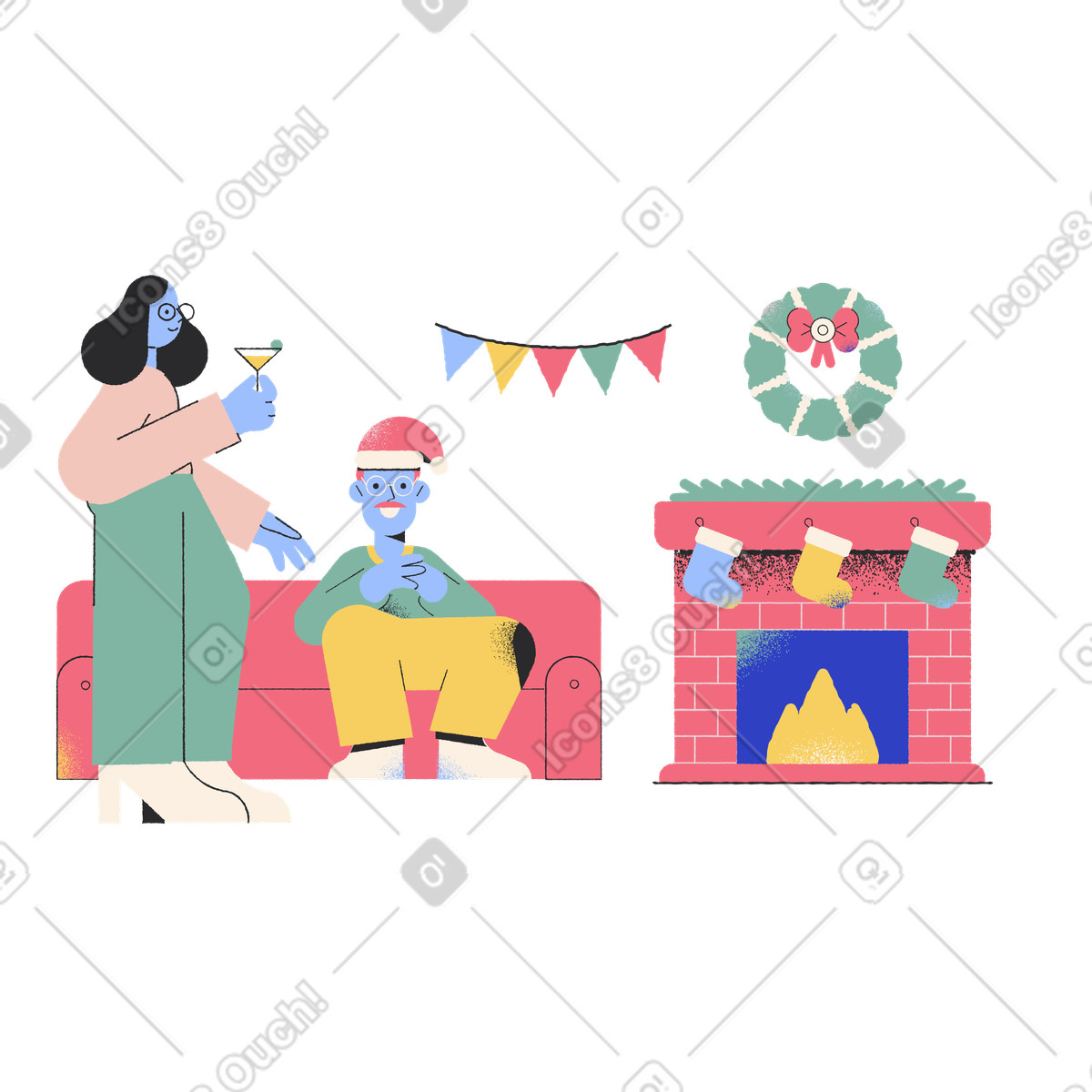 Pablo スタイルの 自宅でクリスマスパーティーをしている男女 のイラストをPNG、SVG形式でダウンロード