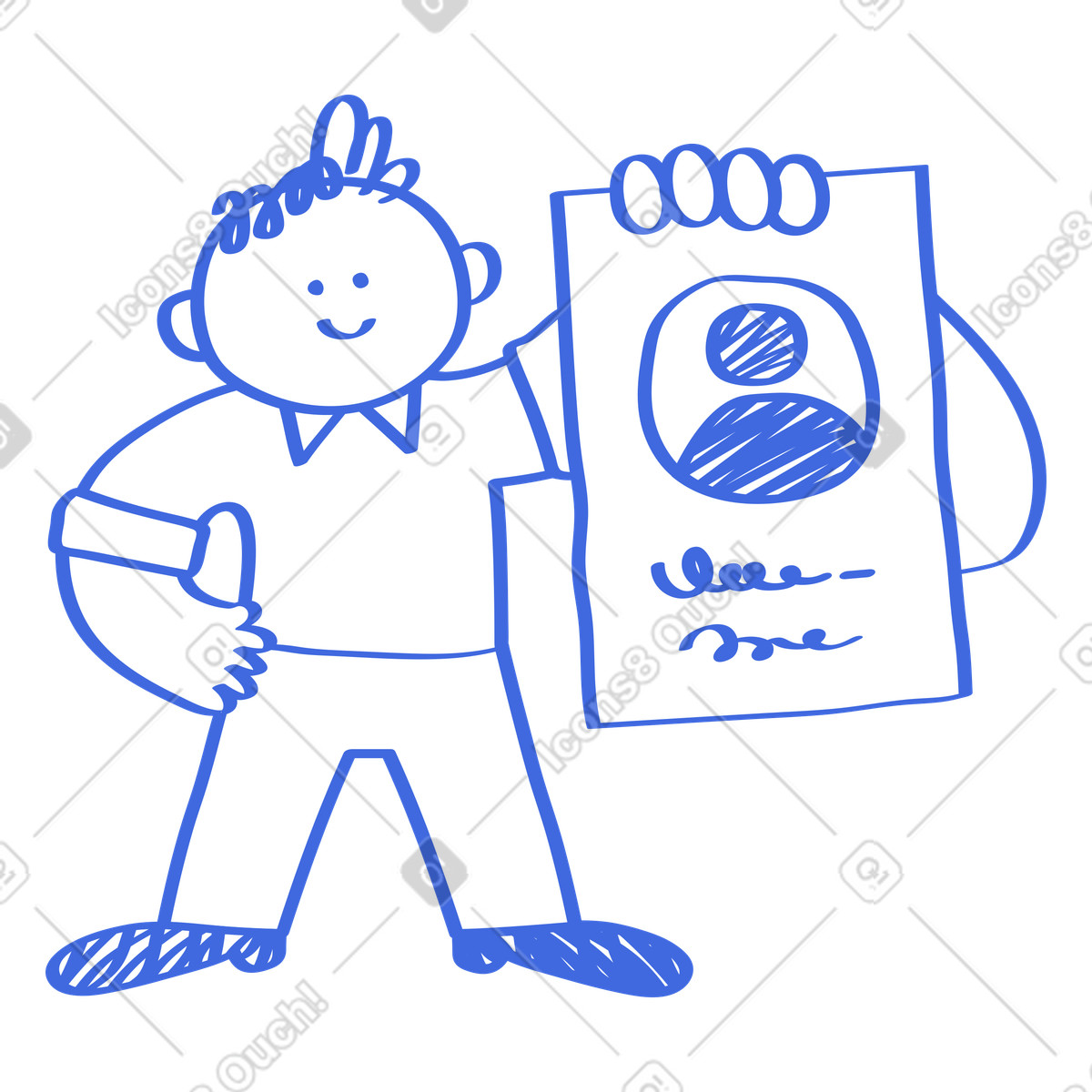 Ballpoint Pen 스타일의 Character holding identification card with photo and signature doodle drawing 일러스트레이션 PNG, SVG 다운로드