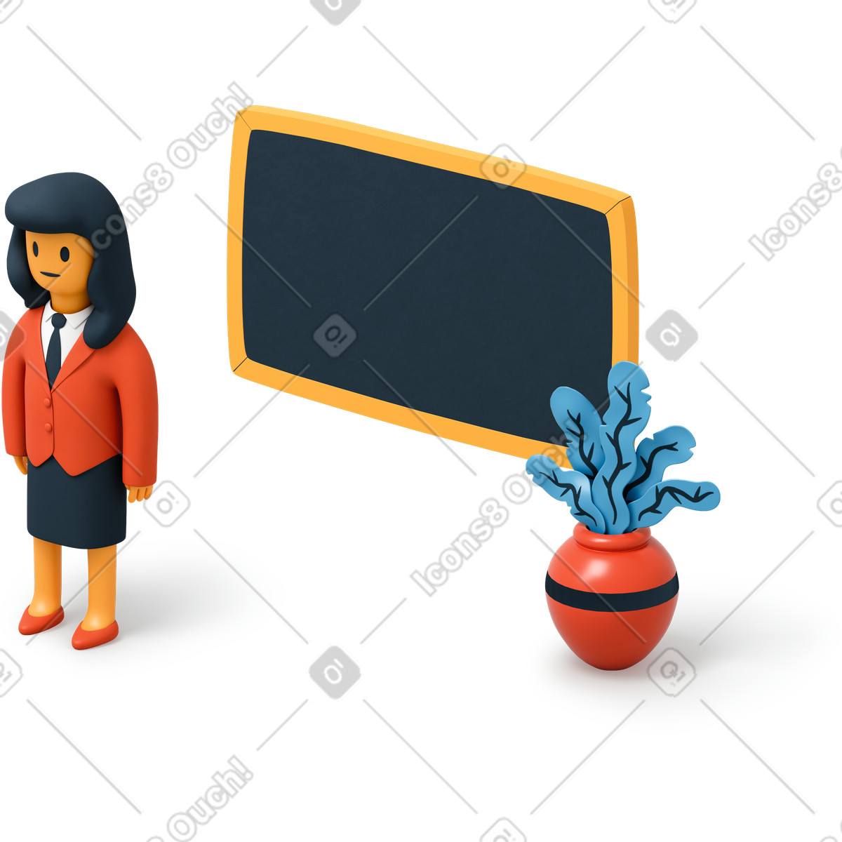 Ilustración Profesor de escuela pie frente a una pizarra en estilo 3D Flame descargar en PNG y SVG