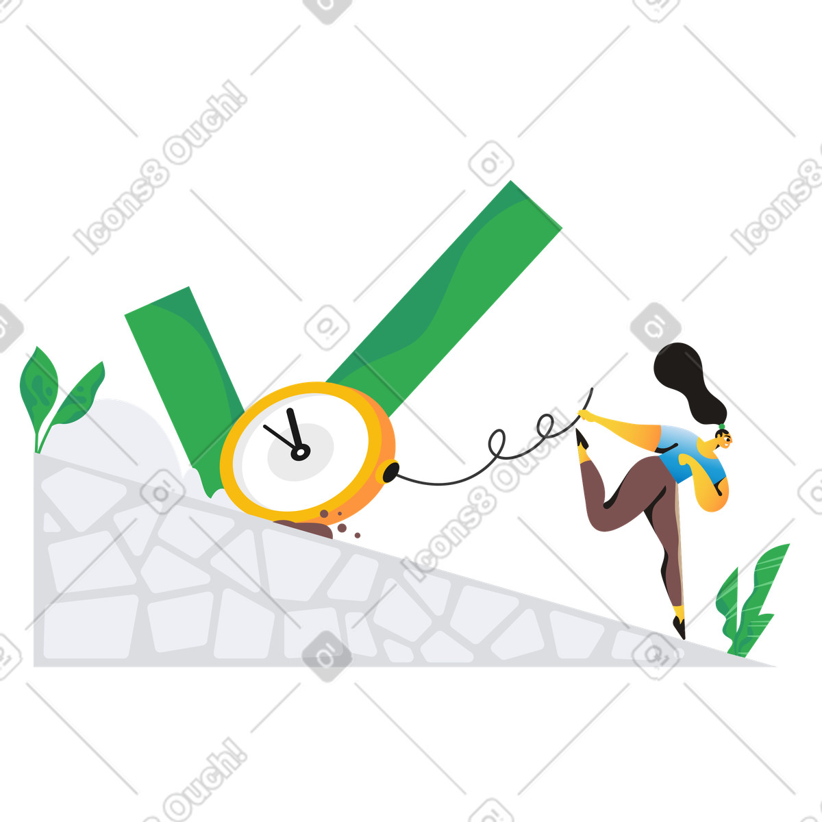 Frau läuft mit uhr-Illustration im Jaconda-Stil als Download in PNG, SVG