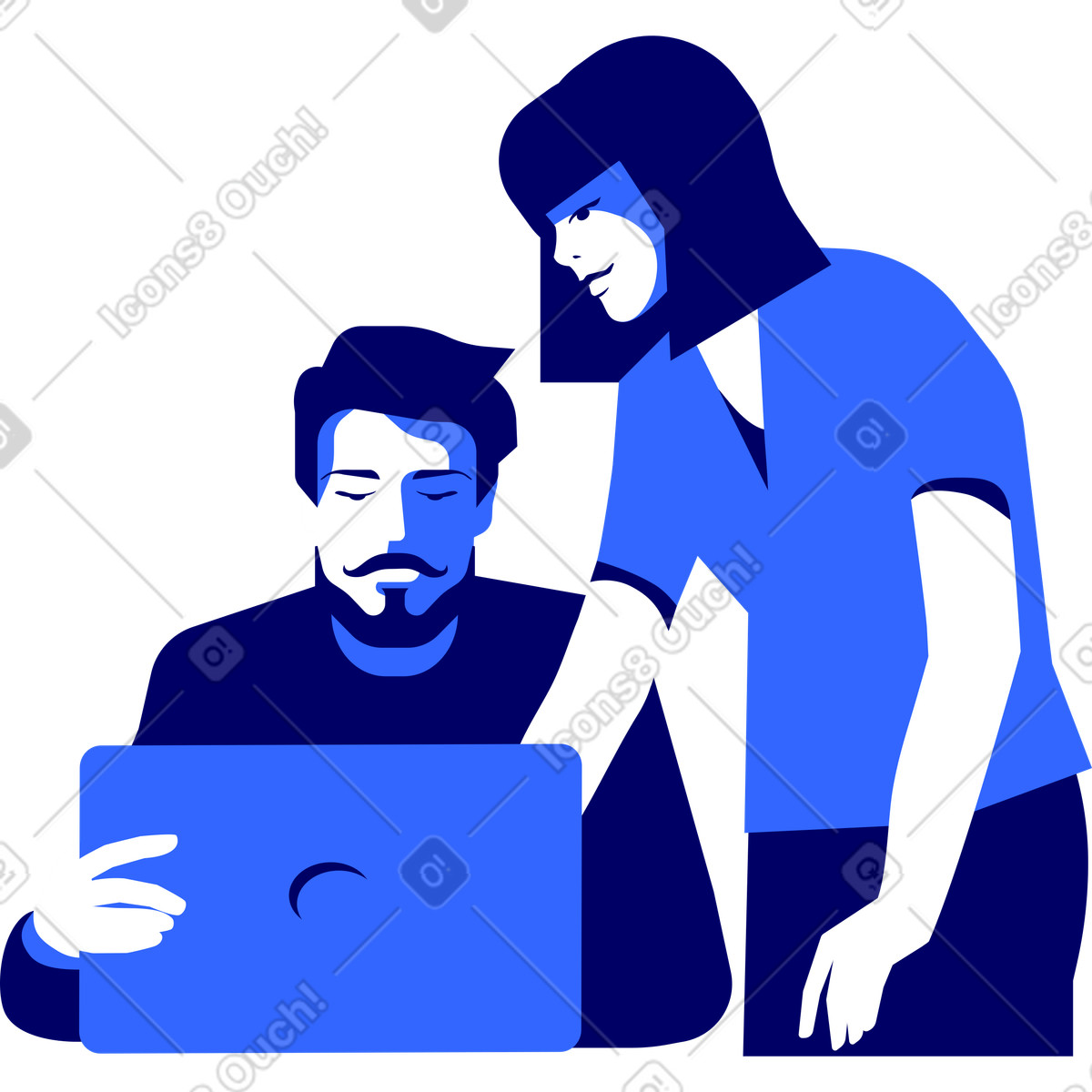 Woman and a man with laptop discuss project illustration in Lounge style download in PNG, SVG