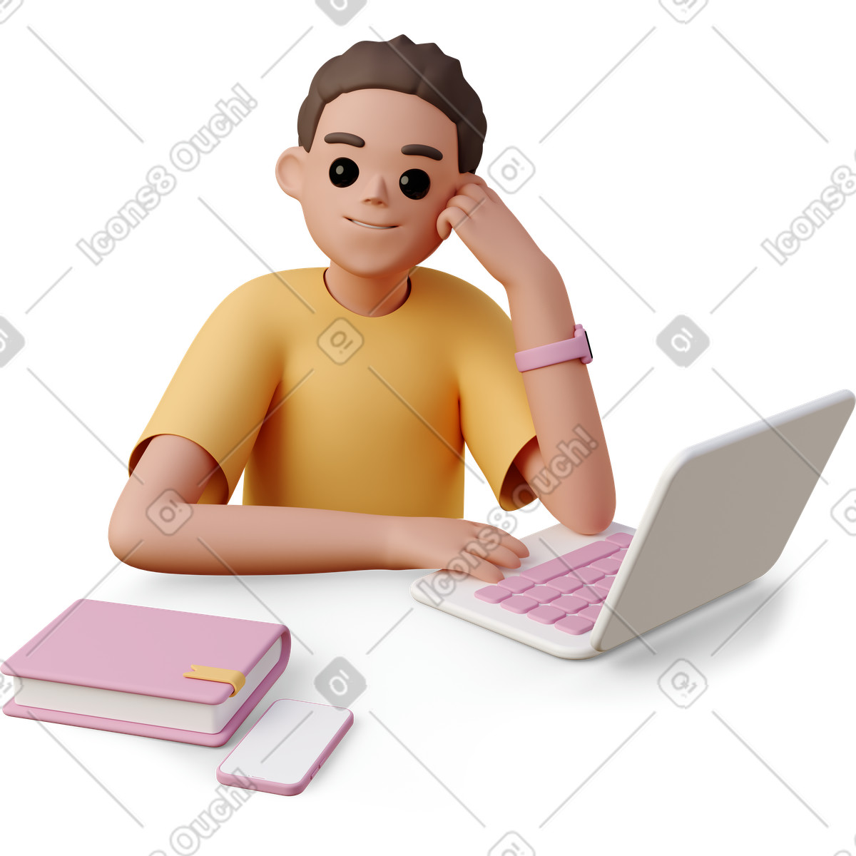 下载 3D Casual life 风格的 Young woman working on laptop and holding head 插画，支持 PNG、SVG 格式