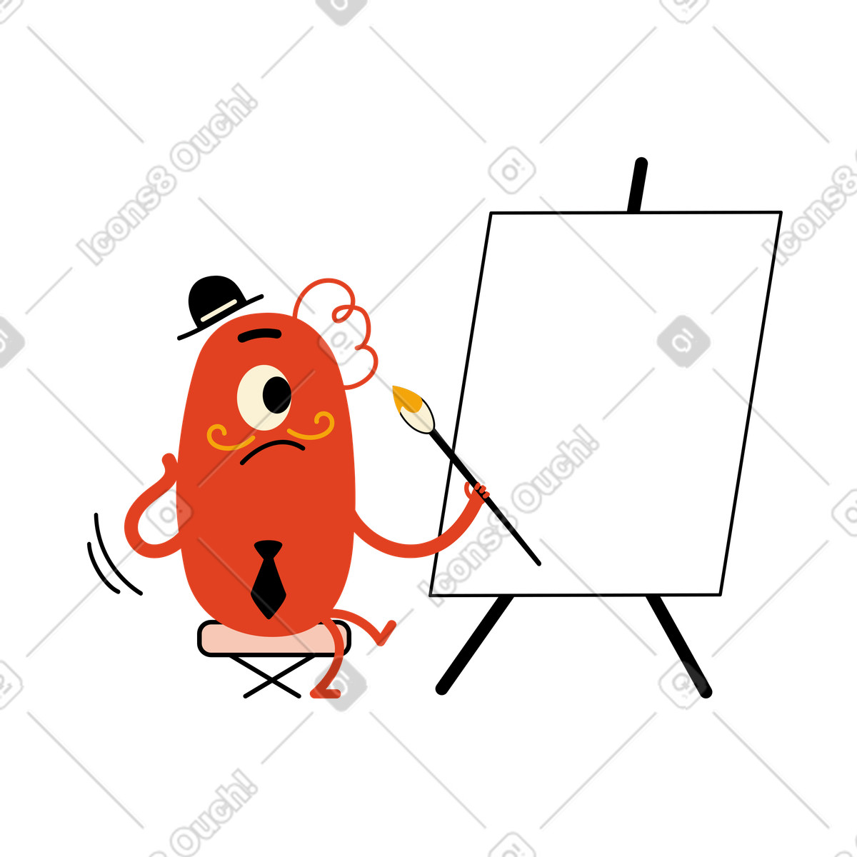 Character contemplating a painting illustration with clipart of an empty canvas