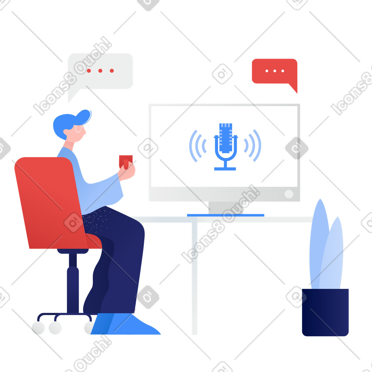 Illustration Un homme parle à un assistant vocal sur un ordinateur aux formats PNG et SVG