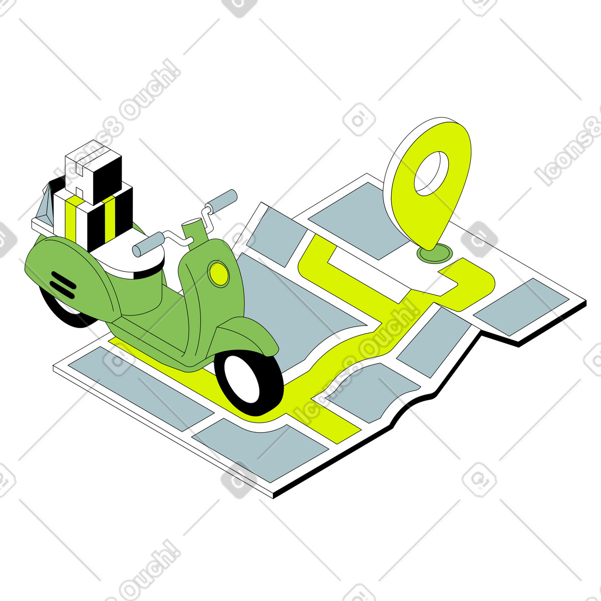 Isometric 스타일의 Map with marked route and delivery scooter, E-commerce order tracking fulfillment 일러스트레이션 PNG, SVG 다운로드