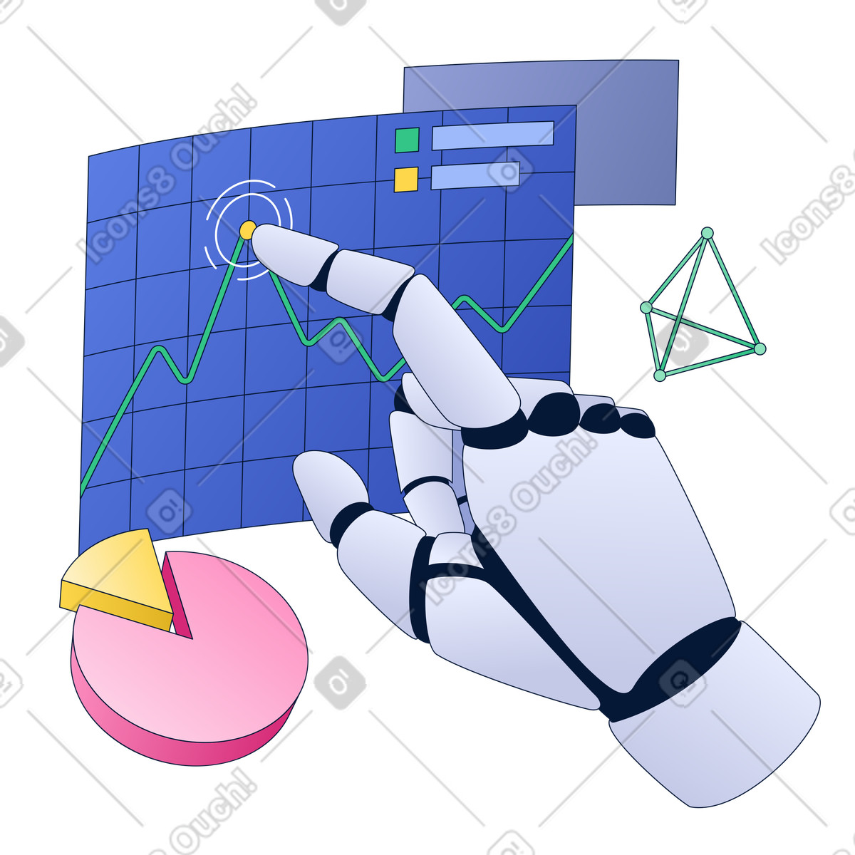 Robot hand with graphs, pie chart, AI-Powered Data Analysis, Artificial Intelligence in Financial Forecasting illustration in PNG, SVG