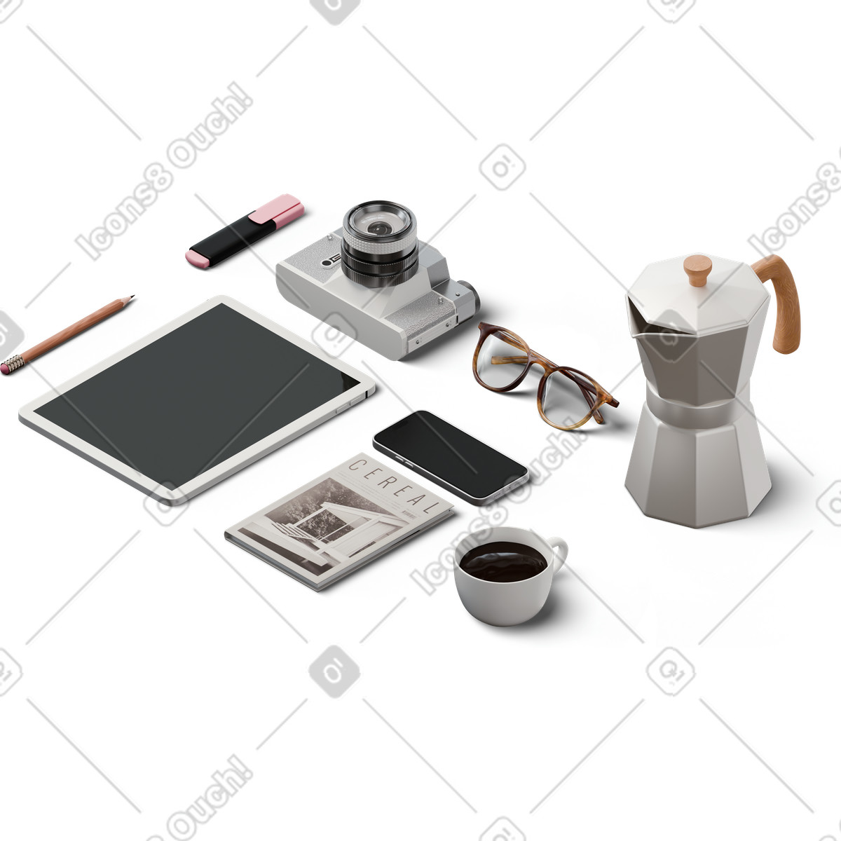Vista isometrica di blogger, accessori, disposti in perfetto ordine illustrazione in stile 3D Hygge scarica in PNG, SVG