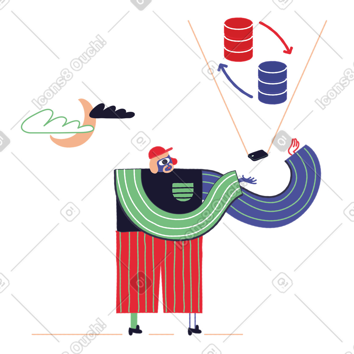 Mann lädt informationen auf sein telefon-Illustration im Stripy-Stil als Download in PNG, SVG