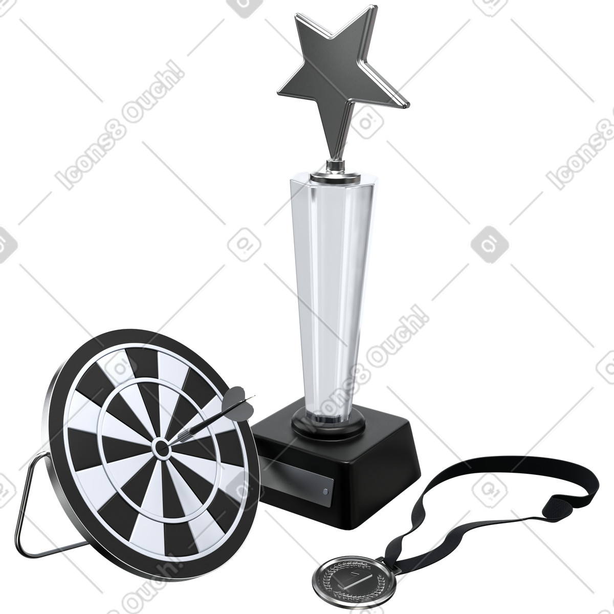 Trophy with dartboard and medal, goal accomplishment recognition illustration in 3D Pro style download in PNG, SVG