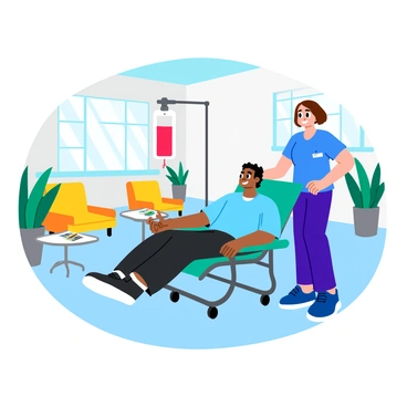 A person sitting on a comfortable reclining chair in a modern clinic while donating blood. The individual has a relaxed expression and is wearing a light blue shirt. An IV bag is hanging nearby, filled with bright red blood, connected to their arm. The clinic features clean, white walls and large windows letting in natural light. There are green plants in the corners of the room, adding a touch of color, and a nurse in scrubs is standing beside the person, preparing to take the blood donation. There are comfortable seating areas in the background with magazines on a small table.