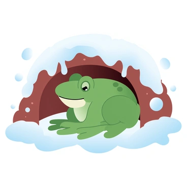A green frog is nestled inside a burrow, surrounded by soft, earthy soil. The burrow is dimly lit, with a few icicles hanging at the entrance. Snow is gently piling up outside, creating a cold, white blanket over the landscape. The frog is curled up in a comfortable position, with its limbs tucked close to its body. Small patches of frost can be seen on the edges of the burrow, adding to the winter atmosphere. Delicate snowflakes are drifting down from the sky, landing softly on the ground outside.