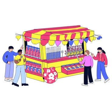 A marketplace stall with a wooden structure brightly colored in red and yellow. The stall is filled with an assortment of firecrackers and sparklers displayed in neat rows. There are red and blue firecrackers wrapped in shiny paper. Sparklers with long silver sticks are arranged in a vibrant bouquet. The stall is adorned with colorful decorations, including small flags and streamers. A few customers are browsing the items, holding sparklers and pointing at different products. The atmosphere is lively and festive.