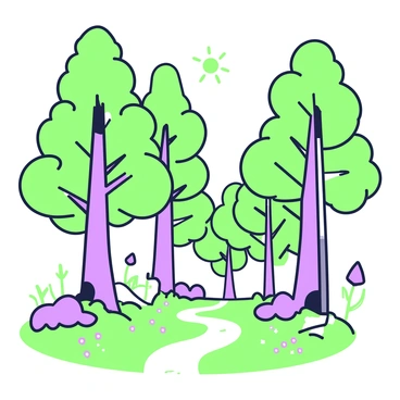 A forest filled with towering trees, each appearing as giant digital paintbrushes. The brush handles are long and slender, while the bristles at the top resemble vibrant leaves, creating a striking visual effect. The leaves have an array of shapes, some spiky and others rounded, all densely clustered. The ground is covered with a soft layer of green grass, dotted with small, purple flowers. Sunlight filters through the bristles, casting unique shadows on the forest floor. A winding path leads deeper into the forest, inviting exploration.