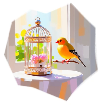 A cheerful canary with bright yellow feathers, perched on a delicate branch inside a decorative birdcage. The birdcage has intricate metalwork with floral patterns and a small entrance door. Sunlight streams through a nearby window, creating a warm glow that illuminates the canary as it sings joyfully. Outside the window, lush green foliage can be seen, enhancing the sense of a bright, inviting atmosphere. The interior of the room has soft light colors, adding to the cheerful ambiance.