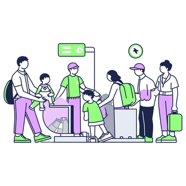 An airport security checkpoint is depicted with travelers preparing for screening. In the foreground, a man is placing his belongings into a grey bin, including a laptop and a pair of shoes. Next to him, a woman is adjusting her backpack, while a child stands beside her, holding a stuffed animal. Behind the travelers, a conveyor belt is visible with bags moving towards the scanning machine. Security staff members are present, monitoring the situation and guiding the passengers. Signs indicating the screening process hang above, creating a structured environment.