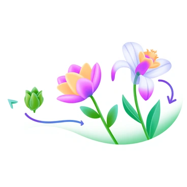 A modern pastel illustration depicting the stages of a flower's life. On the left, a small "bud" is shown, with green leaves tightly wrapping around it. Moving to the center, the flower is displayed in "full bloom," showcasing vibrant petals in shades of pink, yellow, and white. On the right, the flower is illustrated in the "wilting" stage, with drooping petals and a slightly darker color palette. Each stage is connected by a gentle curved line, emphasizing the progression of the flower's life cycle.