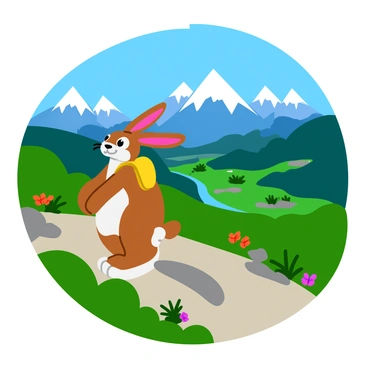 A brown and white hase with large ears is hiking up a rocky mountain trail. The hase is wearing a tiny backpack and has a determined expression on its face. The path is lined with green shrubs and colorful wildflowers. In the background, majestic snow-capped mountains stretch across the horizon under a clear blue sky. Below, a picturesque valley is visible, filled with patches of green forests and a sparkling river. The sun casts warm rays, highlighting the hase's fur and the vibrant colors of the landscape.