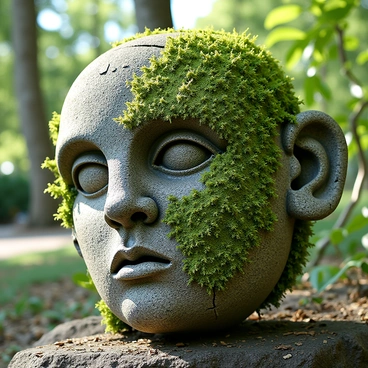 A weathered ancient stone face sculpture, intricately carved with detailed features, partially obscured by vibrant green moss that blankets its surface. The sculpture is set in a natural environment, surrounded by lush foliage and dappled sunlight filtering through the trees. The expression of the stone face is solemn, with deep-set eyes and a furrowed brow, hinting at a long history. The rich textures of the stone are visible, with cracks and crevices adding character to the piece.