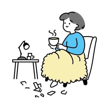A person wrapped in a warm blanket, sipping hot tea while surrounded by tissues