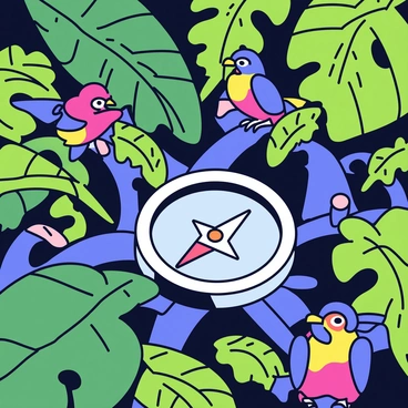 A compass placed on a bed of leaves and twigs in a dense jungle. The compass has a shiny metal casing and a glass top, displaying a needle pointing north. Surrounding the compass are vibrant green jungle foliage with various shapes of leaves. Among the leaves, exotic birds with colorful feathers peek through the foliage, showcasing bright reds, blues, and yellows. The scene has a rich texture, with shadows cast by the dense leaves above.