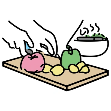 A pair of hands, showing light skin with neatly trimmed nails, are chopping a variety of colorful vegetables on a wooden cutting board. The vegetables include bright red tomatoes, crisp green bell peppers, and vibrant yellow onions. The cutting board has a natural wood grain texture, and the background features a soft focus of kitchen elements such as a knife, a bowl of herbs, and a hint of kitchenware.