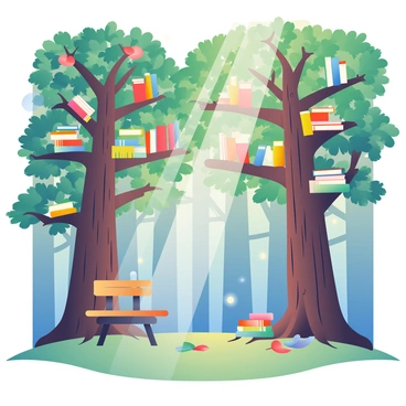 A magical library is nestled among the tall trees of a dense forest. The trees have trunks with a deep brown texture, and their branches extend outward, laden with books that resemble leaves in various colors like green, gold, and crimson. Sunlight filters through the canopy, casting dappled light onto the ground, which is covered in soft moss and fallen leaves. In the foreground, a wooden bench lies beneath one of the trees, inviting visitors to sit and read. A gentle breeze rustles the pages of the books, and tiny glowing orbs of light float around, adding a whimsical touch to the serene atmosphere.