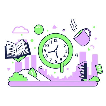 A scene featuring various objects floating in mid-air. There is a large clock with melting numbers suspended at the center, surrounded by vibrant geometric shapes such as triangles and circles. To the left, a floating book is open, its pages fluttering as if caught in a breeze. On the right, a purple mug is levitating, with steam rising as if it has just been filled with a hot drink. The background shows a horizon with tilted buildings that create a sense of distortion.