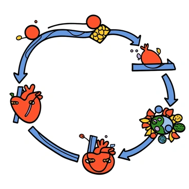 An illustrated lifecycle of a red blood cell. The first scene shows "a red blood cell being produced in the bone marrow," depicted as a vibrant circular cell emerging from a cluster of bone cells. The next scene illustrates "the red blood cell entering the bloodstream," traveling through a network of blue veins. Following this, "the red blood cell is shown passing through the heart," positioned within the chambers of a heart with visible arteries and veins. The journey continues with "the red blood cell traveling to the lungs," where it exchanges carbon dioxide for oxygen, illustrated by a red blood cell approaching alveoli. Finally, the last scene depicts "the red blood cell delivering oxygen to body tissues," with a red blood cell surrounded by various body cells, emphasizing its role in oxygen transport.