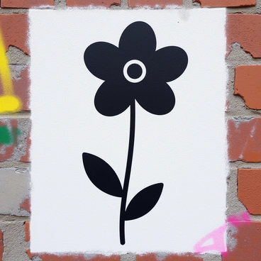 A black flower with detailed petals is spray-painted on a textured city wall. The flower features a long stem and several leaves extending from the base. The wall has visible bricks and peeling paint, creating a rough urban backdrop. Surrounding the flower, there are faint traces of other colors from previous graffiti, adding to the street art atmosphere. The overall composition highlights the contrast between the bold black flower and the aged wall.